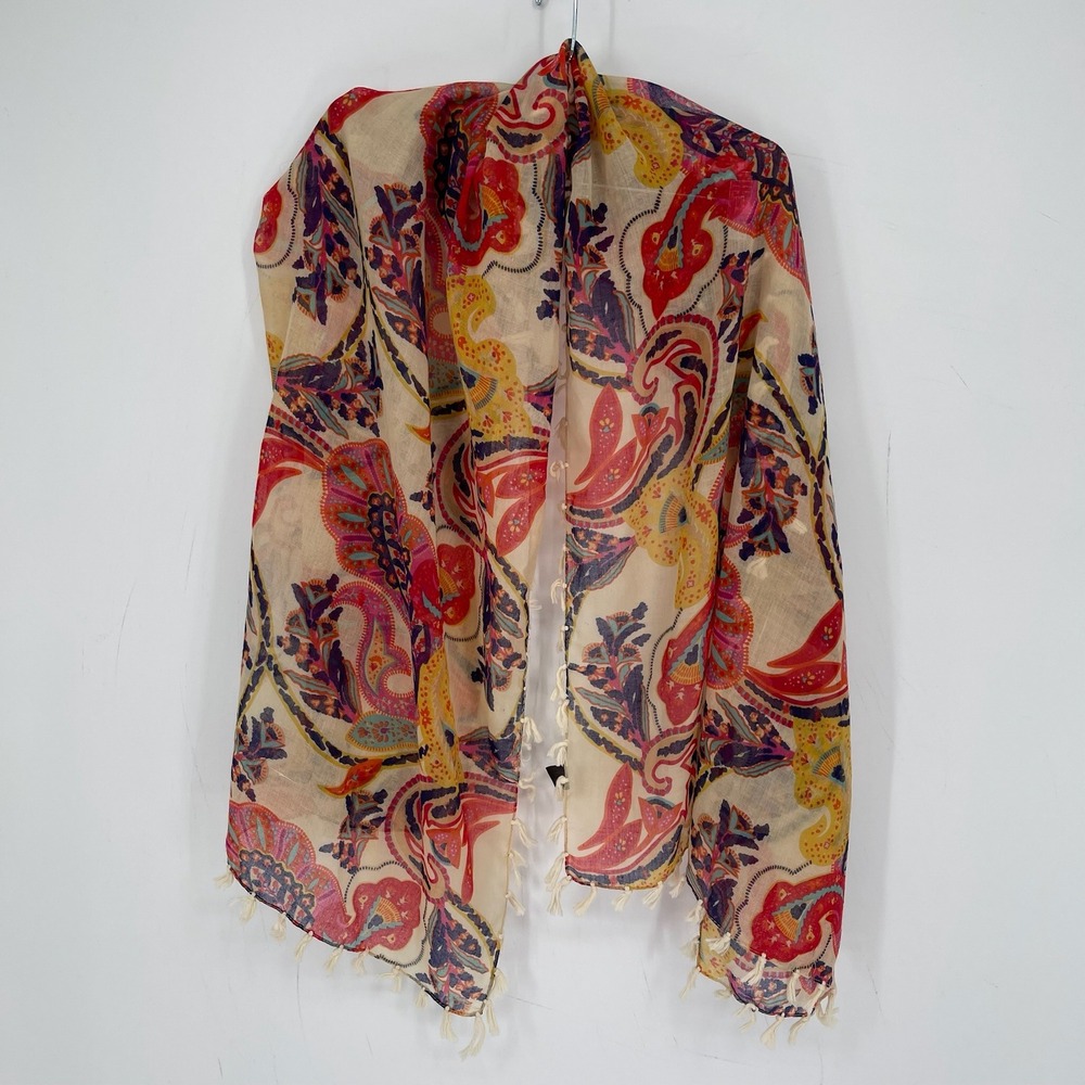 Women's Cream Paisley Semi Sheer Tassel Lightweight Shawl Wrap Scarf One Size